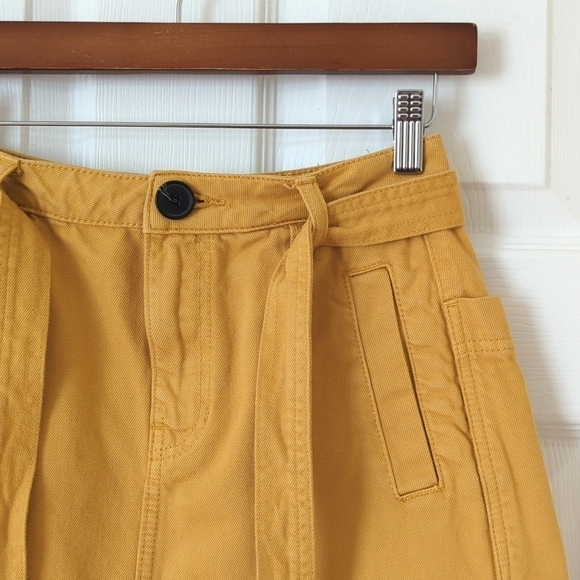 PacSun High Waisted Tie Belted Raw Hem A-Line Denim Mini Skirt Mustard Yellow 26 - Picture 3 of 13